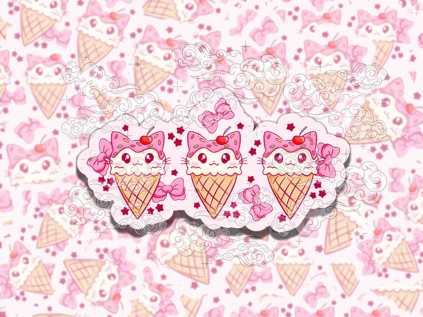 Kitty Cones Cute Valentine's Waterproof Vinyl Sticker, Gift for Girl Friend, Funny Sticker for Kindle Laptop Water Bottle Journal