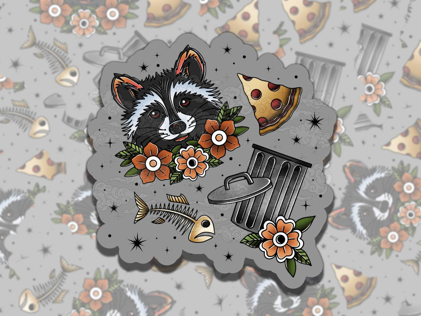Traditional Trash Panda Waterproof Vinyl Sticker, Gift for Friend, Funny Sticker for Kindle Laptop Water Bottle Journal, Tattoo Art