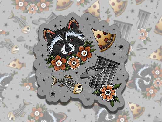 Traditional Trash Panda Waterproof Vinyl Sticker, Gift for Friend, Funny Sticker for Kindle Laptop Water Bottle Journal, Tattoo Art