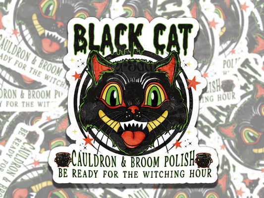 Black Cat Cauldron & Broom Polish Spooky Waterproof Vinyl Sticker, Gift for Friend, Funny Sticker for Kindle Laptop Water Bottle Journal
