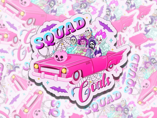 Squad Goals Horror Movie Monsters Spooky Waterproof Vinyl Sticker, Gift for Friend, Funny Sticker for Kindle Laptop Water Bottle Journal