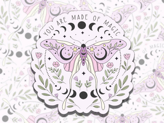 You are Made of Magic Mystical Moth Sticker, Waterproof Affirmation Sticker, Funny Gift for Friend, Sticker for Kindle Laptop Water Bottle