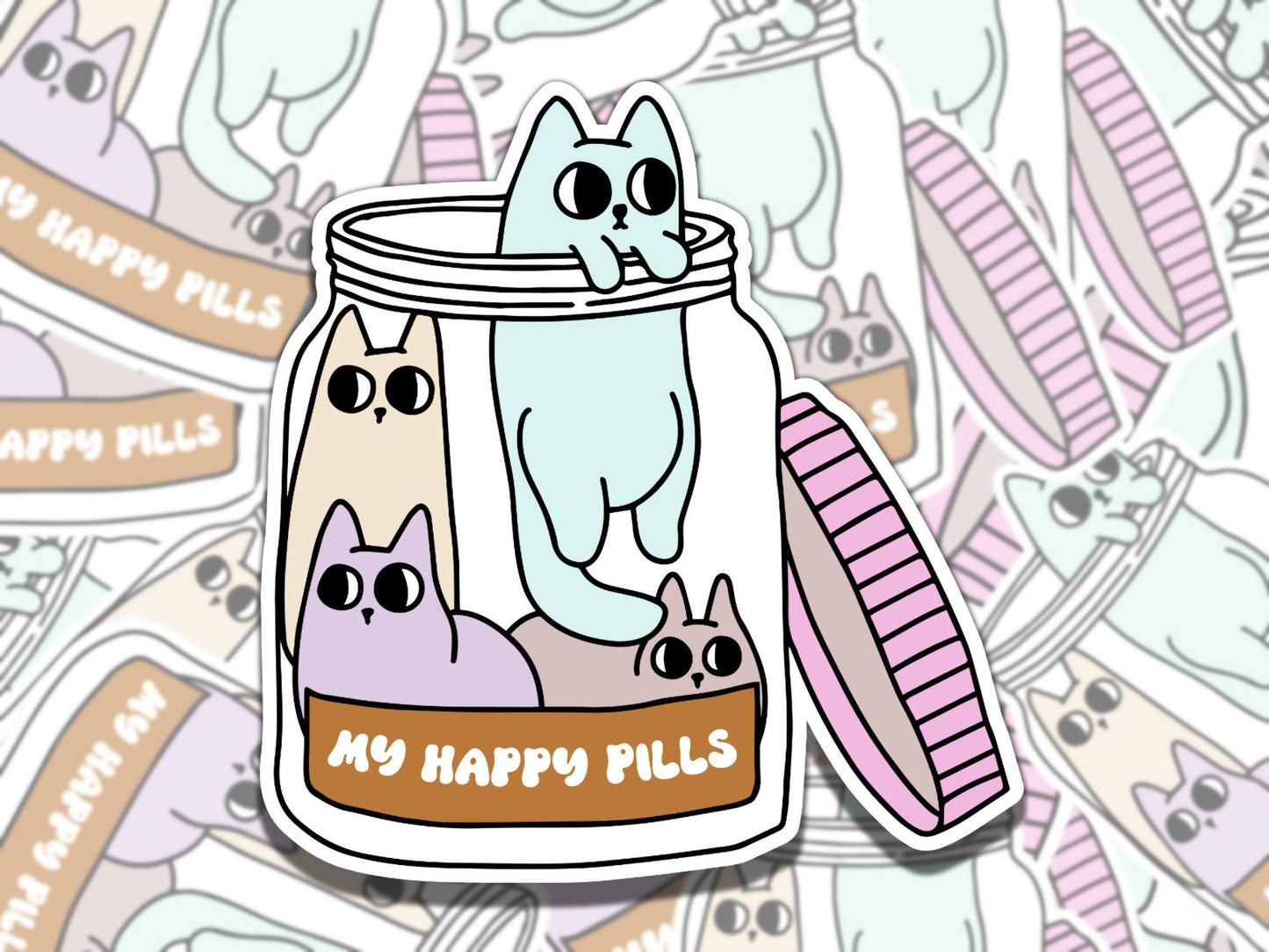 My Happy Pills Cat Mental Health Sticker, Affirmation Sticker, Gift for Friend, Funny Sticker for Kindle Laptop Water Bottle Journa