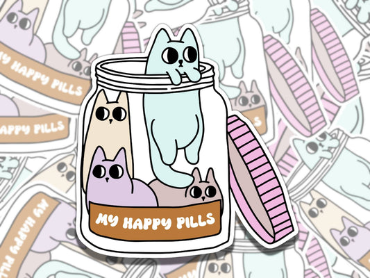 My Happy Pills Cat Mental Health Sticker, Affirmation Sticker, Gift for Friend, Funny Sticker for Kindle Laptop Water Bottle Journa