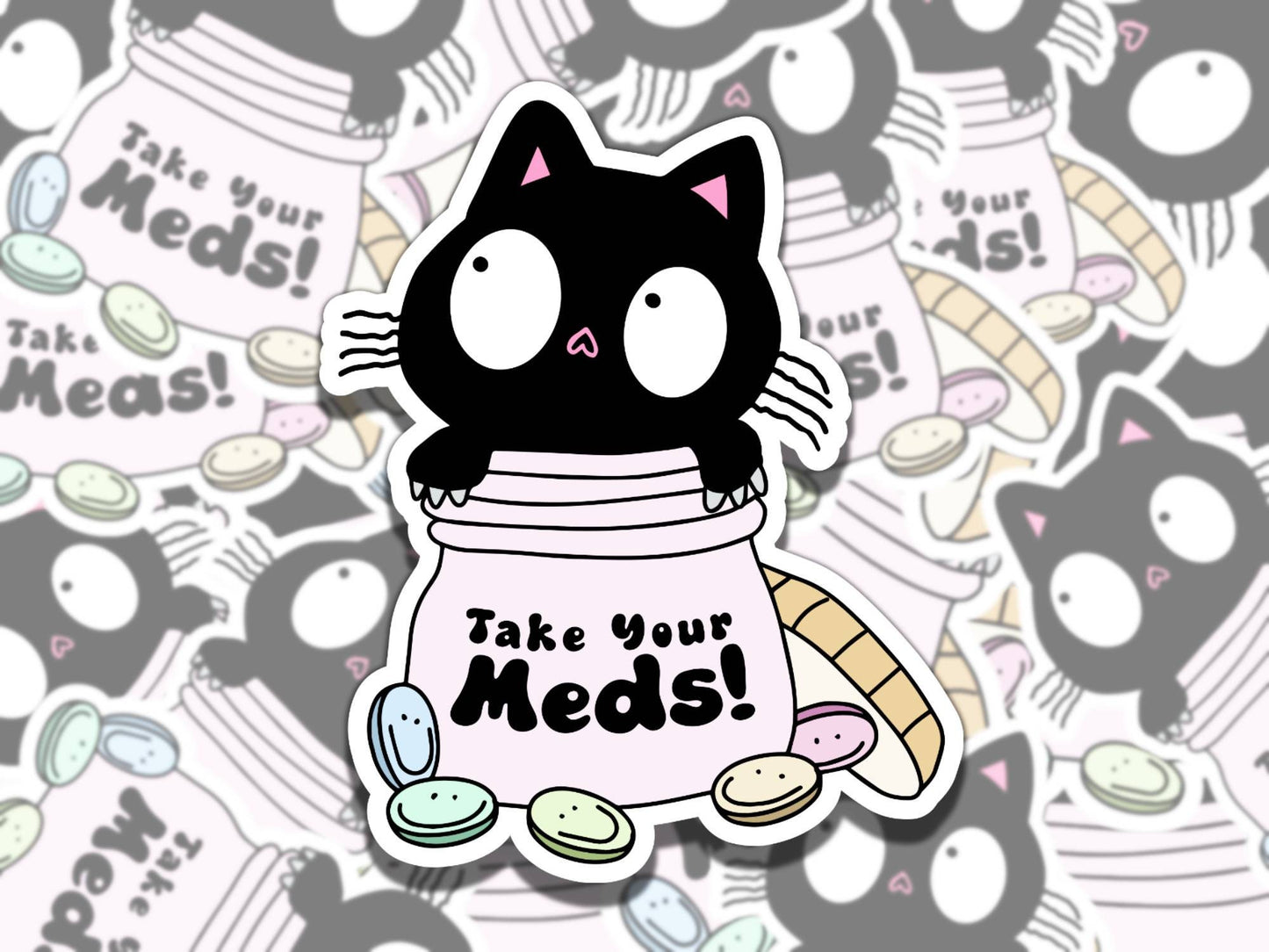 Take Your Meds Black Cat Mental Health Sticker, Affirmation Sticker, Gift for Friend, Funny Sticker for Kindle Laptop Water Bottle Journal