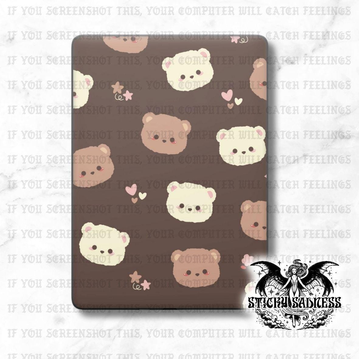 a brown laptop case with a repeating pattern of cartoon bear faces in various shades of brown and white.