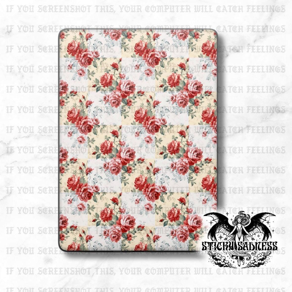 Red White Floral Checkered Decal Insert Skin, Aesthetic Vinyl Wrap for Kindle Kobo iPad Boox Fire, Gift for Book Lover, BookTok Accessories