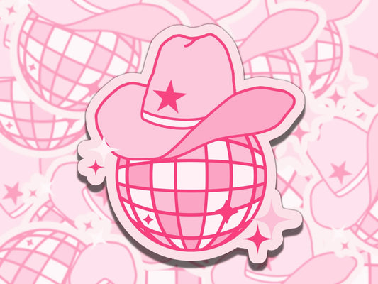 Disco Cowgirl Pink Waterproof Disco Ball Vinyl Sticker, Gift for Girl Friend, Funny Sticker for Kindle Laptop Water Bottle Journal