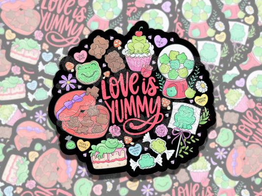 Love is Yummy Frog Pink Valentine's Waterproof Vinyl Sticker, Gift for Girl Friend, Funny Sticker for Kindle Laptop Water Bottle Journal