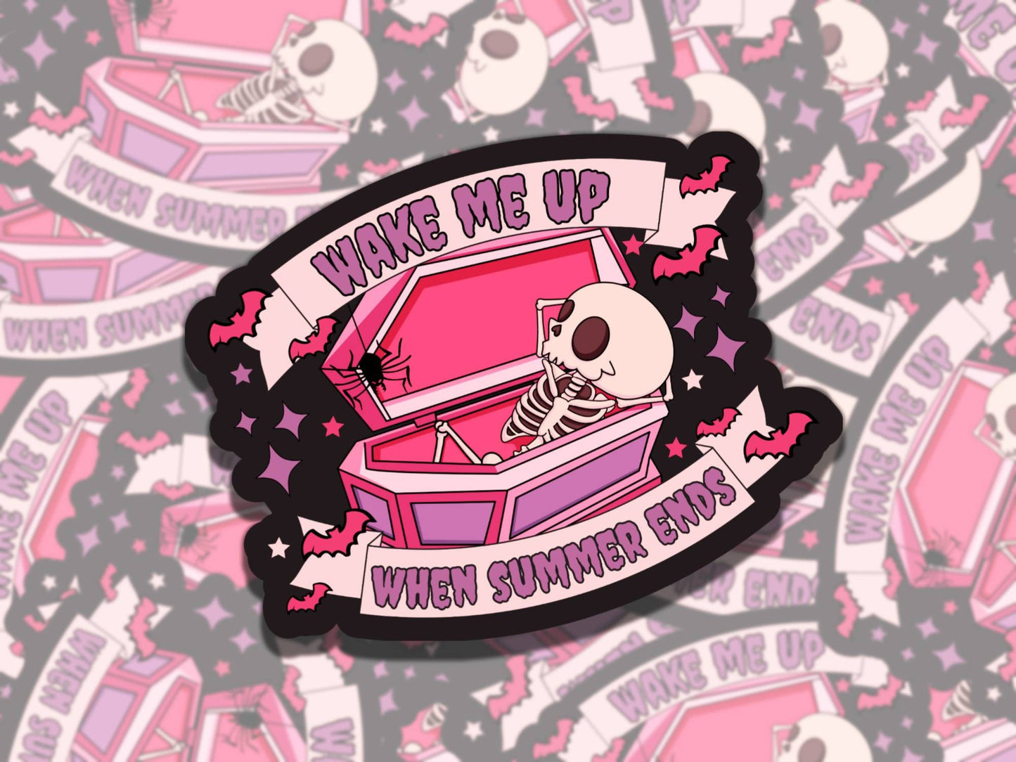 Wake Me Up When Summer Ends Spooky Waterproof Vinyl Sticker, Gift for Friend, Funny Sticker for Kindle Laptop Water Bottle Journal