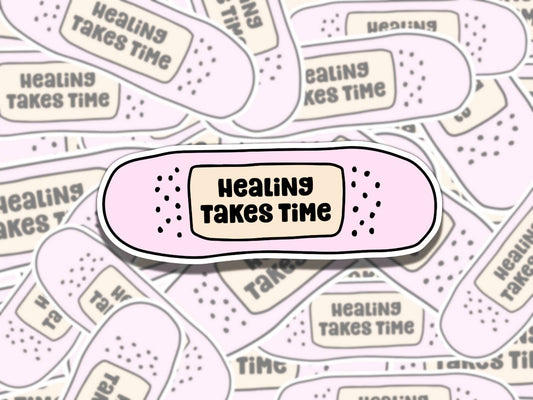 Healing Takes Time Cute Pink Bandage Mental Health Affirmation Sticker, Gift for Friend,  Fun Sticker for Kindle Laptop Water Bottle
