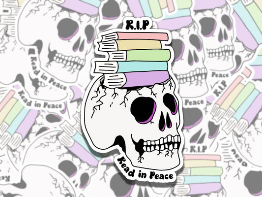 RIP Read in Peace Sticker, Cute Bookish Skull Vinyl Sticker, Gift for Bookworm Friend, Funny Sticker for Kindle Laptop Water Bottle Journal