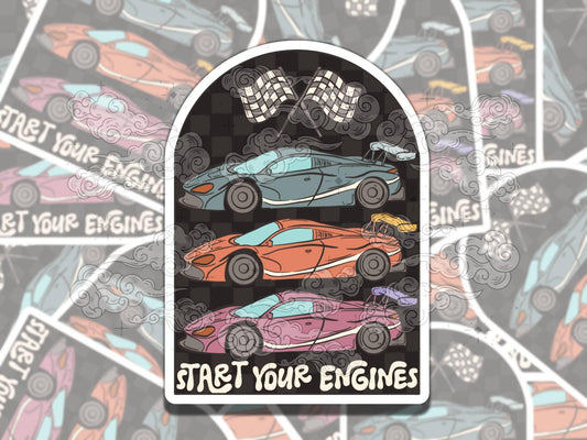 Start Your Engines Race Cars Cute Waterproof Vinyl Sticker, Gift for Friend, Funny Sticker for Kindle Laptop Water Bottle Journal