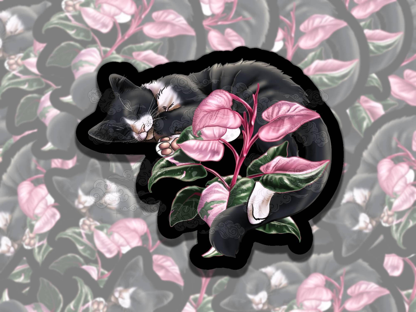 Floral Cats Cat Waterproof Vinyl Sticker, Girly Gift for Coffee Lover, Funny Sticker for Kindle Laptop Water Bottle Journal