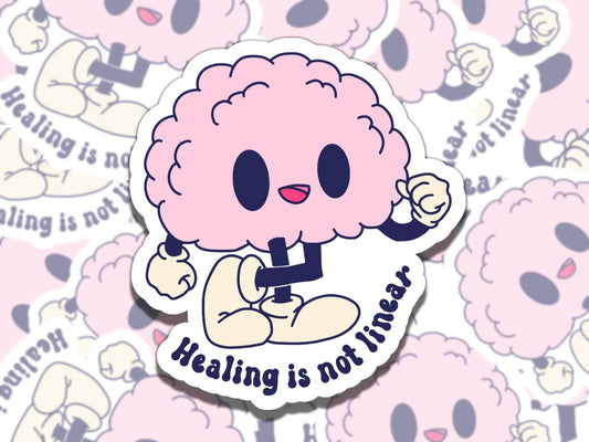 Healing is Not Linear Cute Pink Brain Mental Health Affirmation Sticker, Gift for Friend,  Fun Sticker for Kindle Laptop Water Bottle