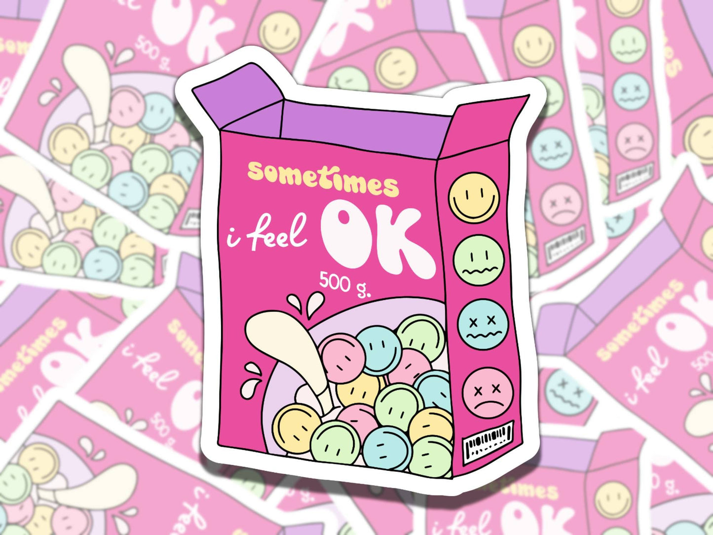 Sometimes I Feel OK Cute Cereal Mental Health Affirmation Sticker, Gift for Friend, Waterproof Sticker for Kindle Laptop Water Bottle