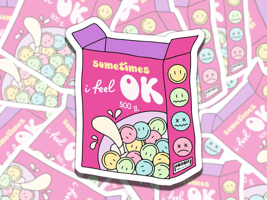 Sometimes I Feel OK Cute Cereal Mental Health Affirmation Sticker, Gift for Friend, Waterproof Sticker for Kindle Laptop Water Bottle