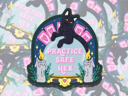 Practice Safe Hex Black Cat Spooky Waterproof Vinyl Sticker, Gift for Friend, Funny Sticker for Kindle Laptop Water Bottle Journal