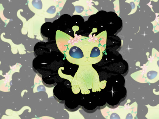 Green Space Kitty Kawaii Waterproof Vinyl Sticker, Gift for Friend Cat Lover, Funny Sticker for Kindle Laptop Water Bottle Journal