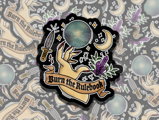 Burn the Rulebook Whimsigoth Waterproof Vinyl Sticker, Girly Gift for Friend, Funny Sticker for Kindle Laptop Water Bottle Journal