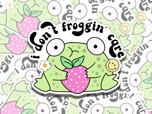 I Do Not Froggin Care Cute Frog Waterproof Vinyl Sticker, Gift for Friend, Funny Sticker for Kindle Laptop Water Bottle Journal