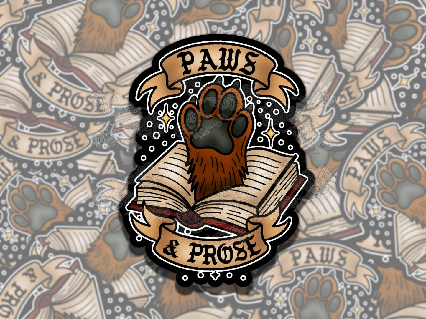 Paws and Prose Cute Bookish Dog Pets Waterproof Vinyl Sticker, Girly Gift for Friend, Funny Sticker for Kindle Laptop Water Bottle Journal