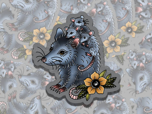 Traditional Opossum Waterproof Vinyl Sticker, Gift for Friend, Funny Sticker for Kindle Laptop Water Bottle Journal, Fantasy Art