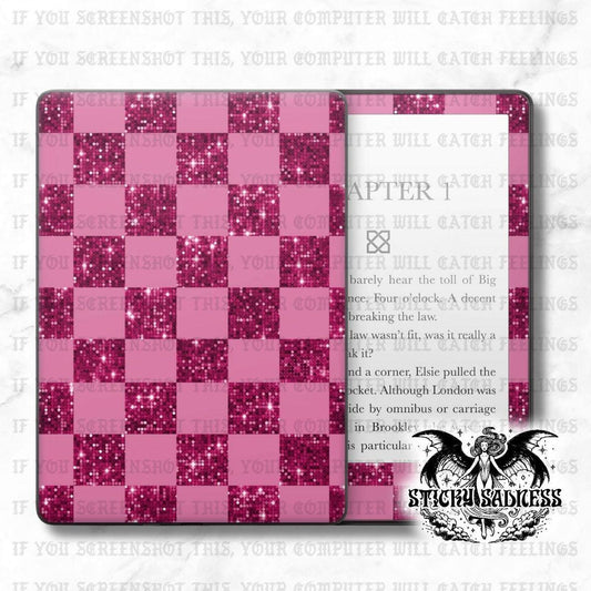 Pink Glitter Checkered Decal Insert Skin, Aesthetic Vinyl Wrap for Kindle Kobo iPad Boox Fire, Gift for Book Lover, BookTok Accessories