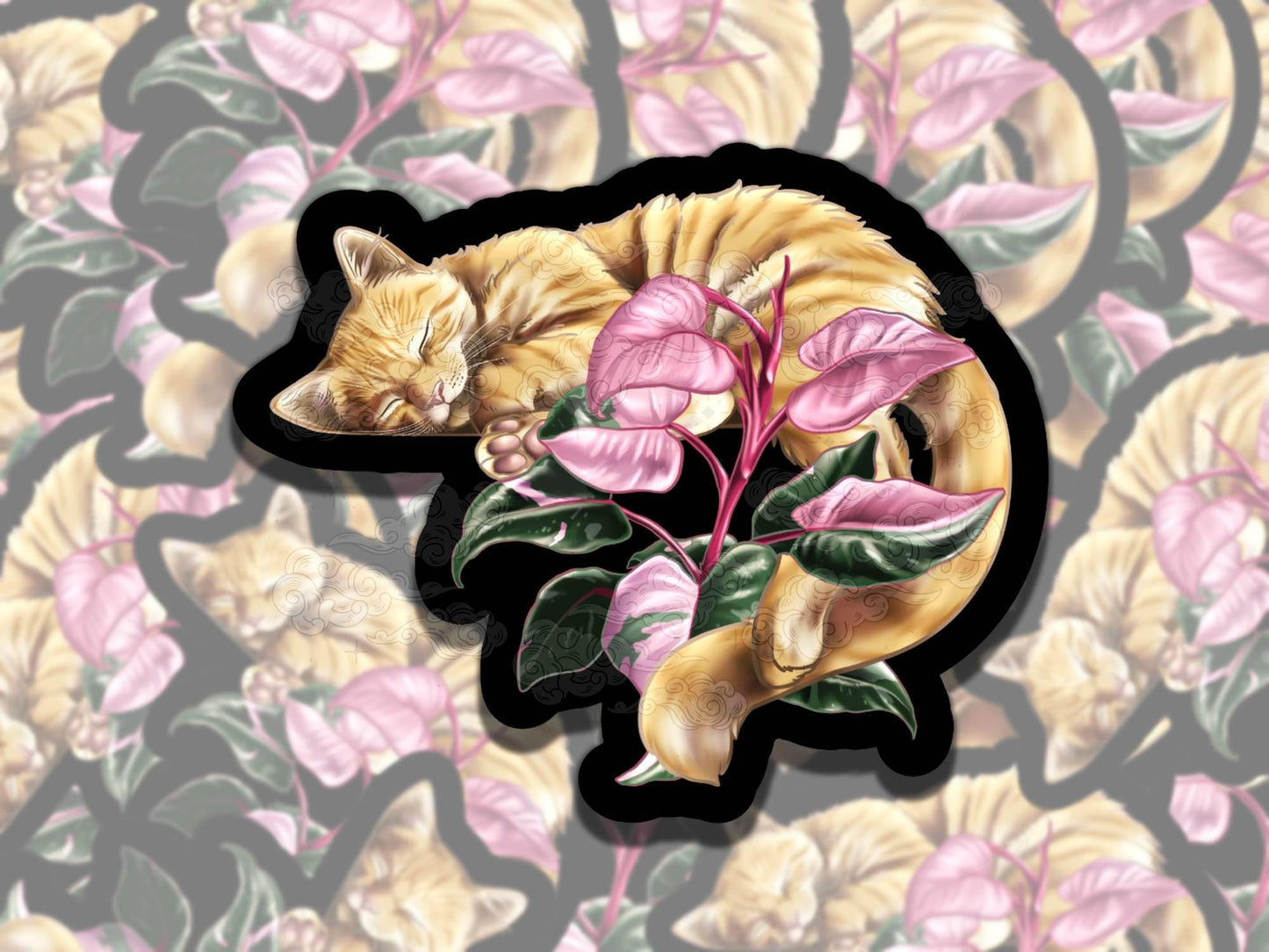 Floral Cats Cat Waterproof Vinyl Sticker, Girly Gift for Coffee Lover, Funny Sticker for Kindle Laptop Water Bottle Journal