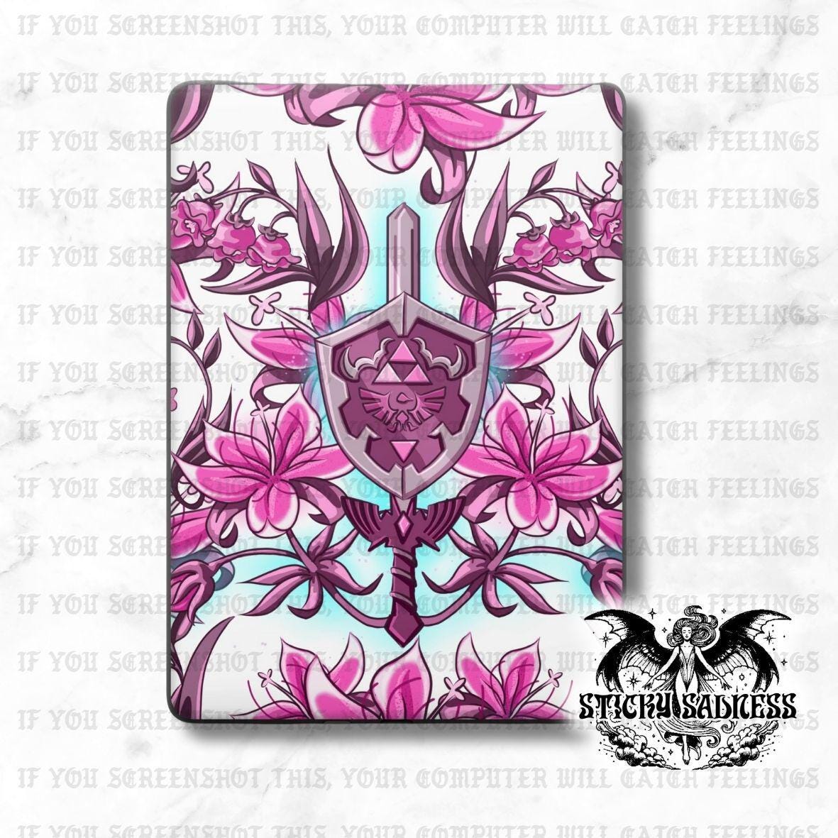a shield with a sword and flowers, surrounded by pink and purple flowers, against a white background.