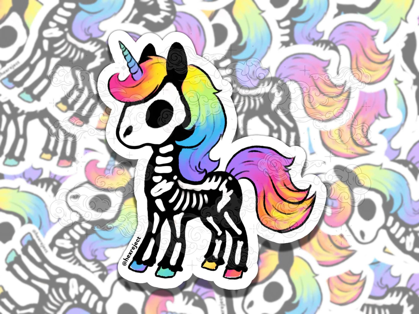 Rainbow Rebel Skelecorn Cute Fantasy Waterproof Vinyl Sticker, Gift for Girl Friend, Funny Sticker for Kindle Laptop Water Bottle Journal