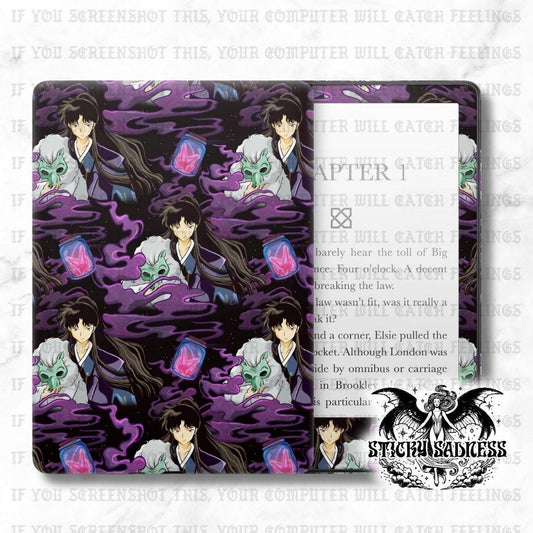The image is a collage of various anime-style characters, including a man with long hair, a woman, and a green alien, all set against a purple and black background. The characters are arranged in a repeating pattern, creating a visually striking and cohesive design.