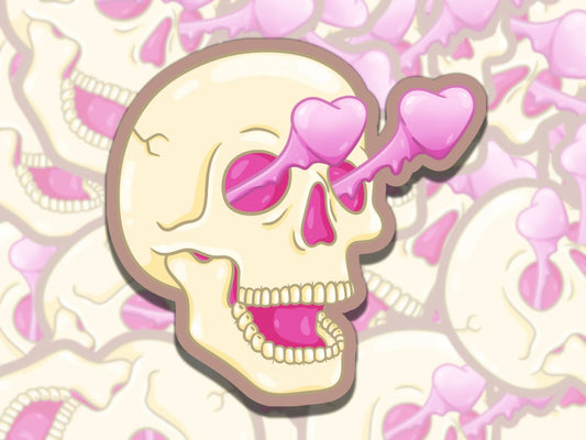 Heart Eyes Cute Pink Skeleton Spooky Waterproof Vinyl Sticker, Gift for Friend, Funny Sticker for Kindle Laptop Water Bottle Journa