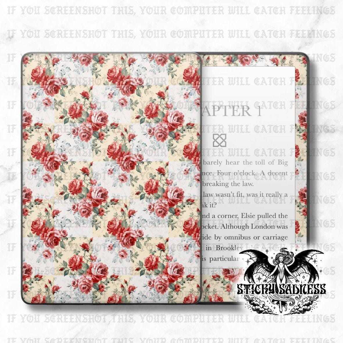 Red White Floral Checkered Decal Insert Skin, Aesthetic Vinyl Wrap for Kindle Kobo iPad Boox Fire, Gift for Book Lover, BookTok Accessories