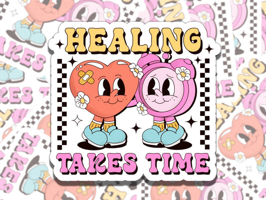 Healing Takes Time Cute Retro Cartoon Mental Health Affirmation Sticker, Gift for Friend,  Sticker for Kindle Laptop Water Bottle