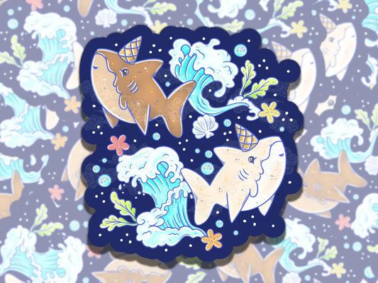 Ice Cream Sharks Cute Fun Waterproof Vinyl Sticker, Girly Gift for Friend, Funny Sticker for Kindle Laptop Water Bottle Journal