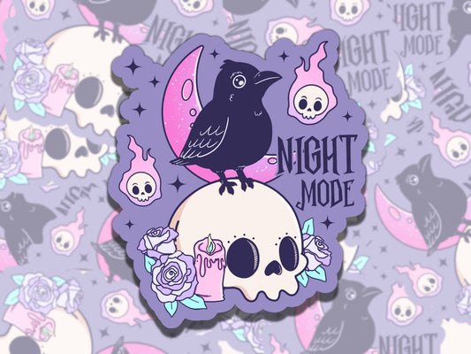 Night Mode Cute Crow and Skull Spooky Waterproof Vinyl Sticker, Gift for Friend, Funny Sticker for Kindle Laptop Water Bottle Journ