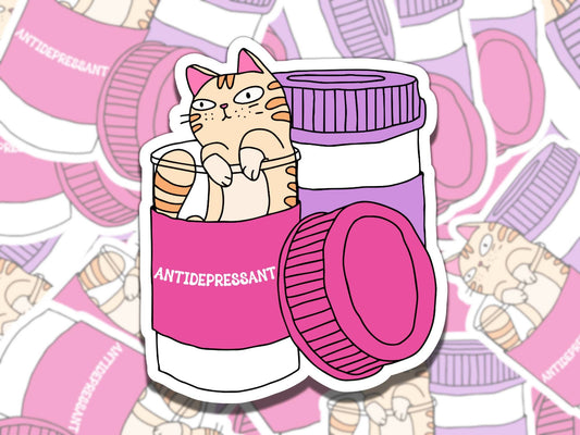 Antidepressant Orange Cat Mental Health Sticker, Affirmation Sticker, Gift for Friend, Funny Sticker for Kindle Laptop Water Bottle Journal