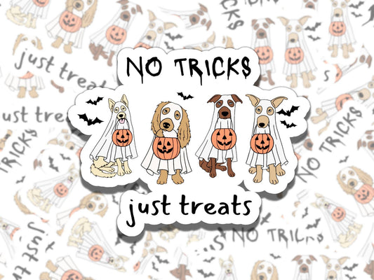 No Tricks Just Treats Cute Dog Spooky Waterproof Vinyl Sticker, Gift for Friend, Funny Sticker for Kindle Laptop Water Bottle Journ