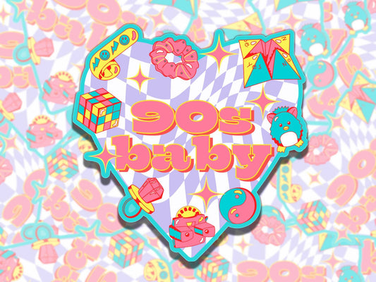 90s Baby Retro 90s Aesthetic Heart Waterproof Vinyl Sticker, Gift for Girl Friend, Funny Sticker for Kindle Laptop Water Bottle Journal