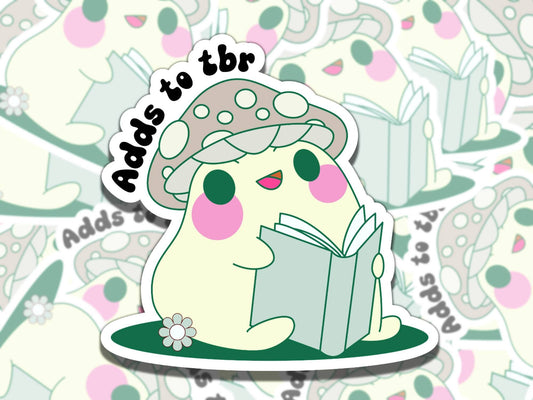 Adds to TBR Cute Frog Sticker, Mushroom Reading Vinyl Sticker, BookTok Waterproof eReader, Kindle, Cute Funny Gift for Bookworm, Bookish Gif
