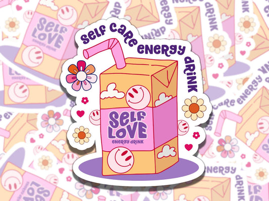 Self Care Energy Drink Cute Juice Box Mental Health Affirmation Sticker, Gift for Friend,  Sticker for Kindle Laptop Water Bottle