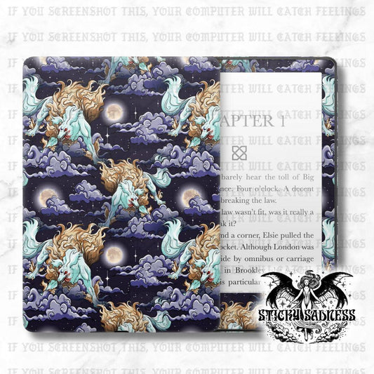 The image is a collage of various artistic and fantastical scenes, including a night sky with clouds, a dragon, and a moon. The collage is described as a &quot;storybook cover&quot; and &quot;storybook page&quot; with a &quot;storybook&quot; theme. The image is not a single scene but a collection of different elements that come together to create a cohesive and visually engaging composition.