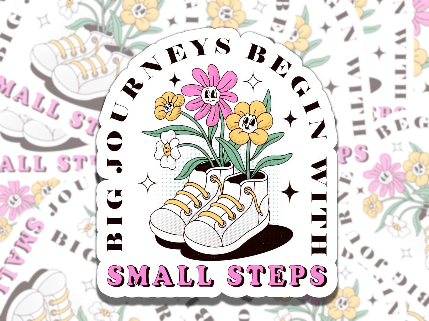Big Journeys Begin with Small Steps Retro Cartoon Mental Health Affirmation Sticker, Gift for Friend,  Sticker for Kindle Laptop Water Bottl