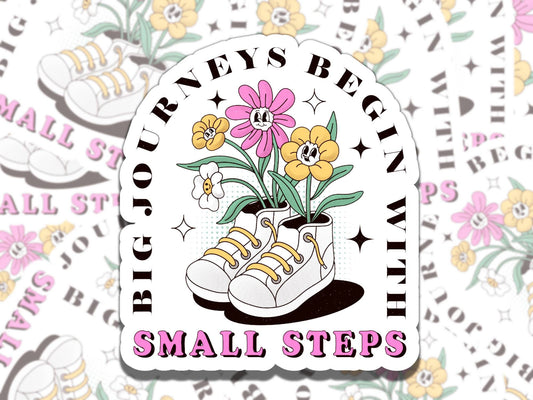 Big Journeys Begin with Small Steps Retro Cartoon Mental Health Affirmation Sticker, Gift for Friend,  Sticker for Kindle Laptop Water Bottl