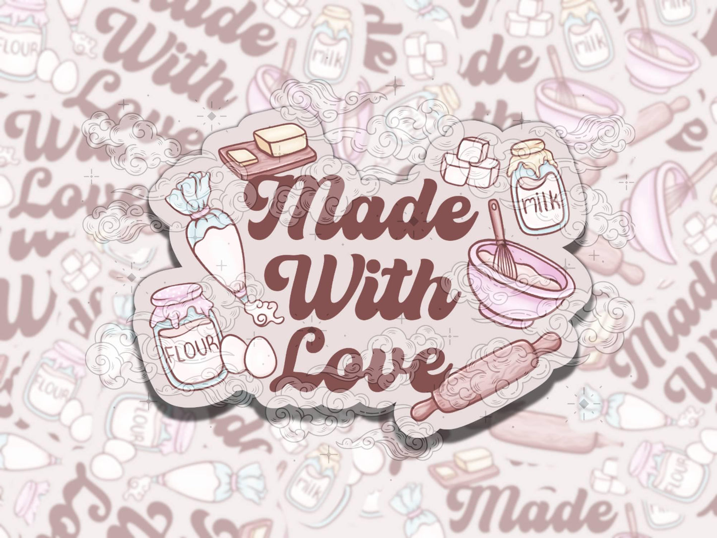 Made with Love Cute Baking Waterproof Vinyl Sticker, Gift for Baking Friend, Funny Sticker for Kindle Laptop Water Bottle Journal