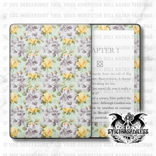 Yellow White Floral Checkered Decal Insert Skin, Aesthetic Vinyl Wrap for Kindle Kobo iPad Boox Fire, Gift for Book Lover, BookTok Accessory
