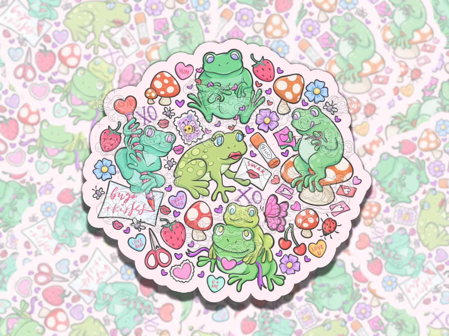 Valentine's Frog Sweets Cute Holiday Waterproof Vinyl Sticker, Gift for Girl Friend, Funny Sticker for Kindle Laptop Water Bottle Journal