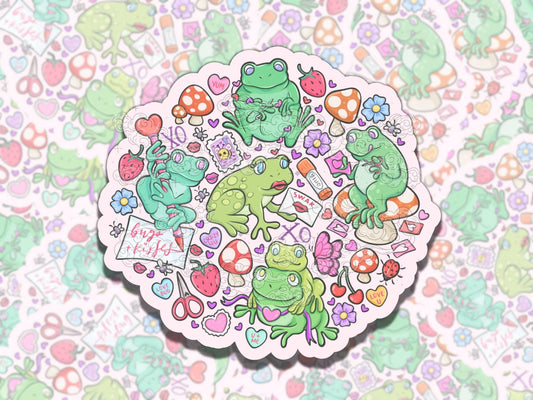Valentine's Frog Sweets Cute Holiday Waterproof Vinyl Sticker, Gift for Girl Friend, Funny Sticker for Kindle Laptop Water Bottle Journal