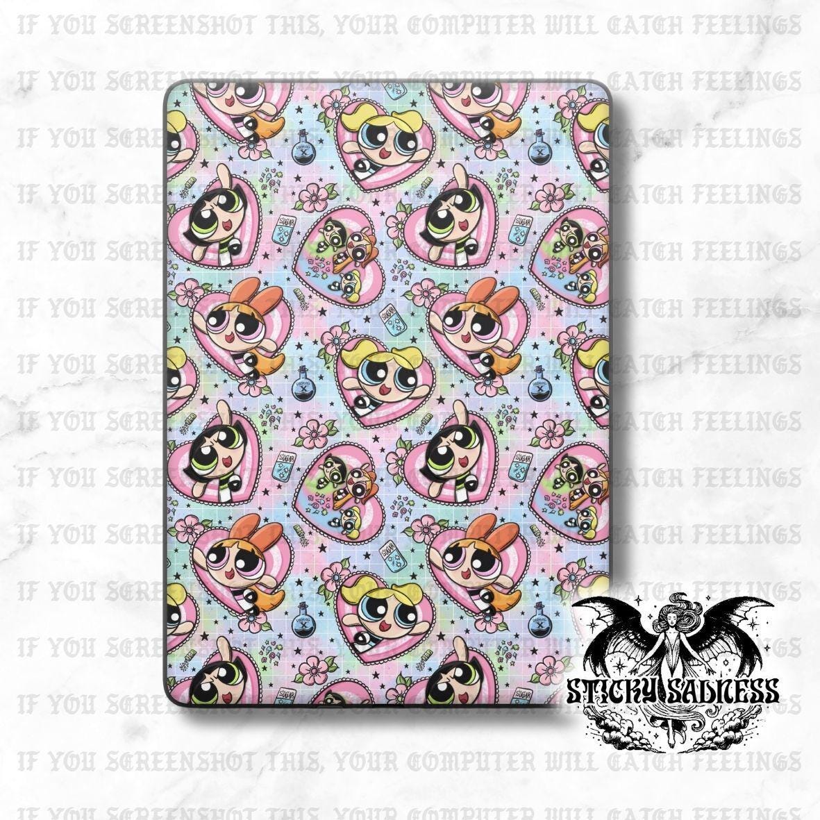 a repeating pattern of cartoon characters, specifically Powerpuff Girls, on a pink background.